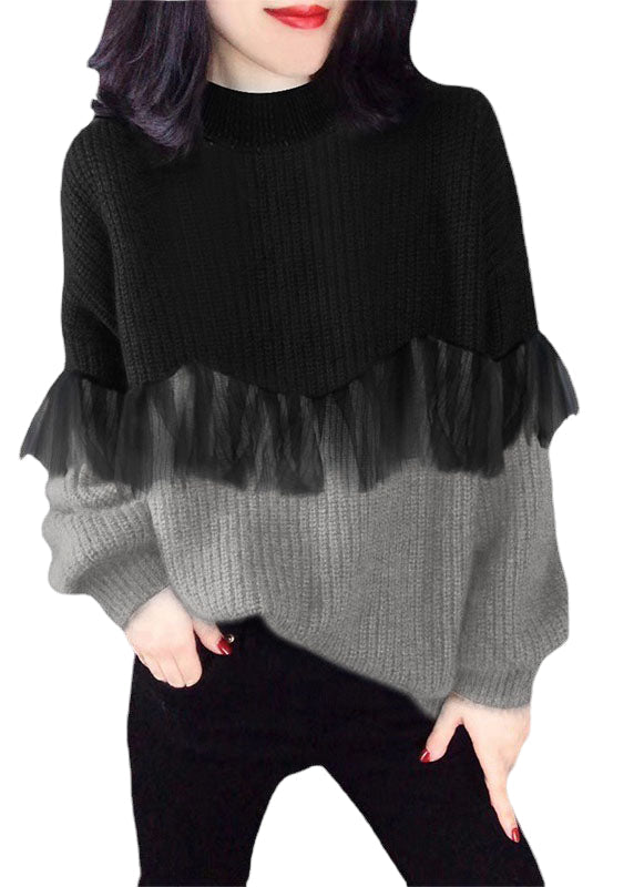 Women's Long Sleeve Color Block Sweater Ruffle Trim - VibreMode