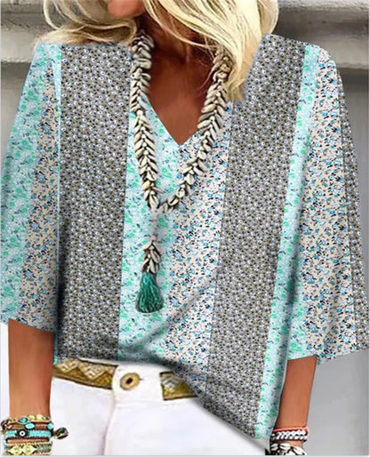 Colorful Floral Print V-Neck Blouse for Women