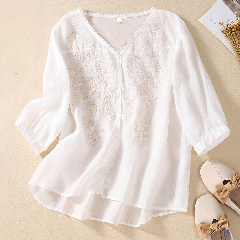 Women's V-Neck Linen Blouse - VibreMode