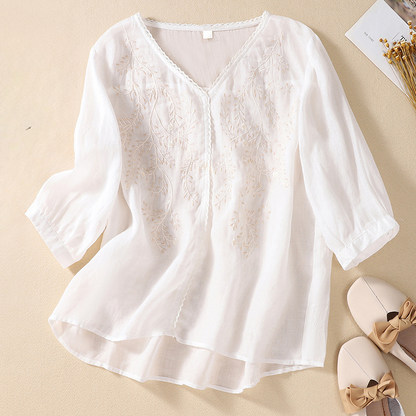 Women's V-Neck Linen Blouse - VibreMode
