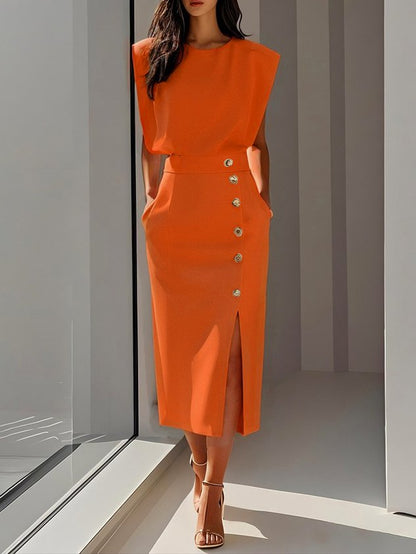 Elegant Ladies Cap Sleeveless Midi Dress