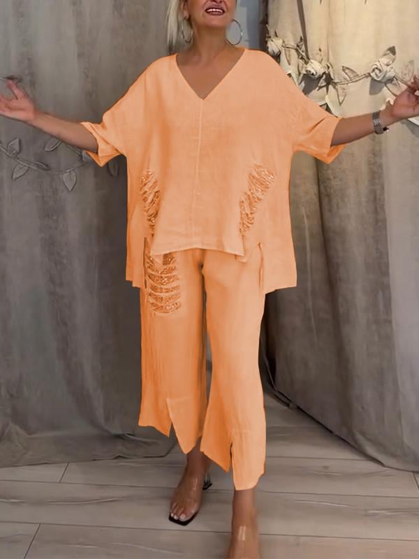 Relaxed Fit Women's 2 Piece V Neck Top and Pants
