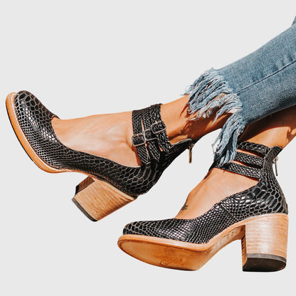 Ladies Buckled Ankle Block Heel Boots