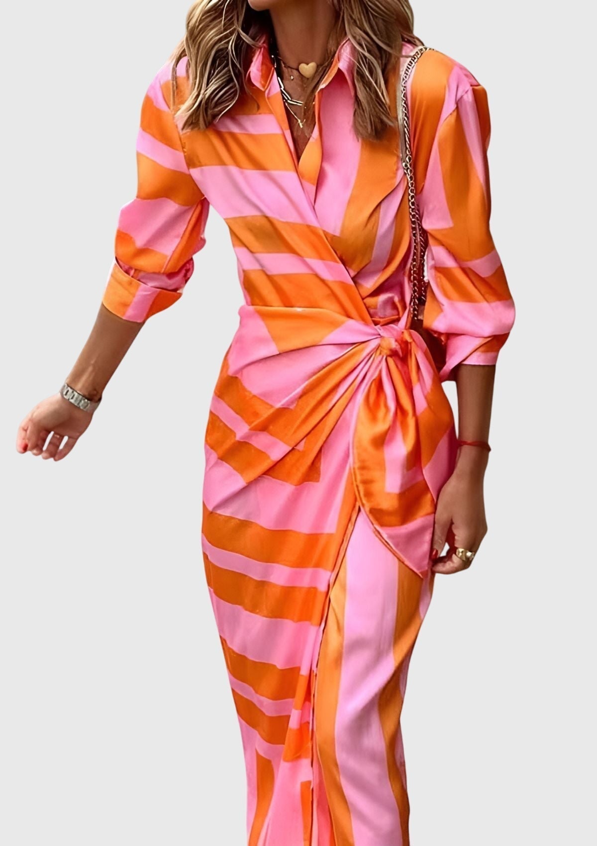 Casual Striped Midi Wrap Dress for Women