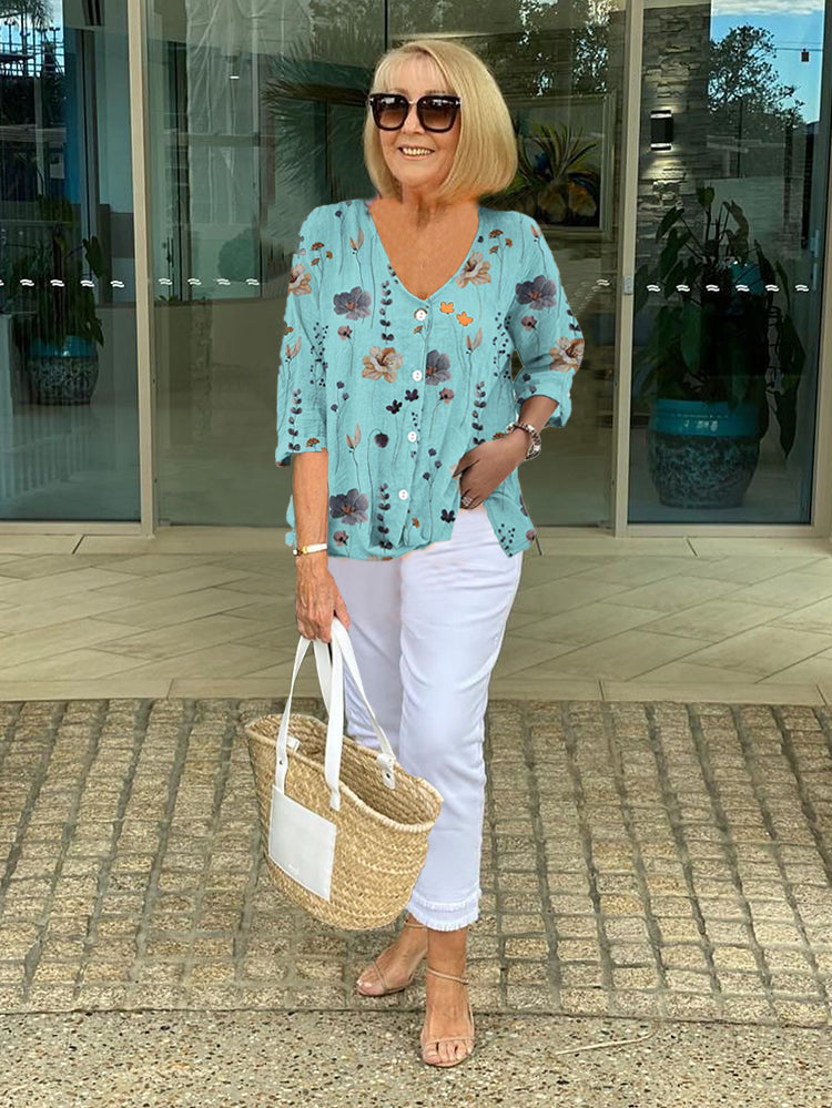 Women's Floral Print Blouse 3/4 Sleeve - VibreMode