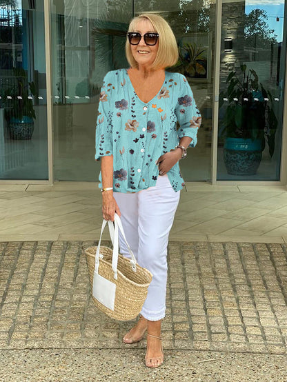 Women's Floral Print Blouse 3/4 Sleeve - VibreMode