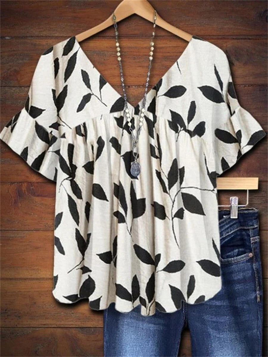 Women's Floral V-Neck Ruffled Short Sleeve Top - VibreMode