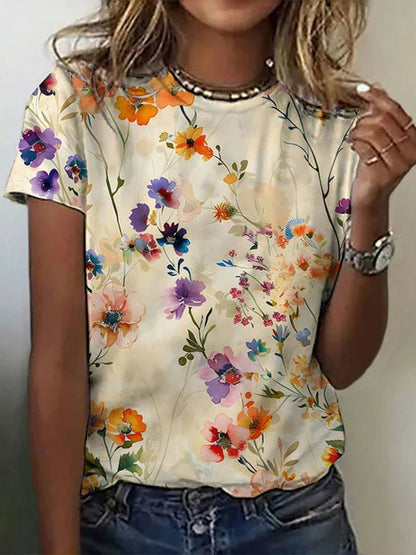 Women's Floral T-Shirt Round Neck - VibreMode