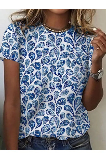 Women's Blue Print T-Shirt Round Neck Short Sleeves