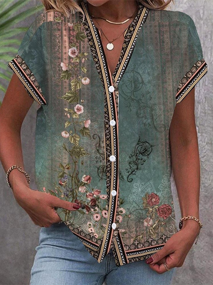 Classic Ladies Floral V-Neck Shirt - VibreMode