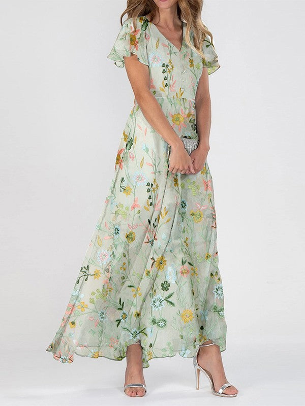 Women's Floral Maxi Dress V-Neck Ruffle Sleeves Button Front - VibreMode