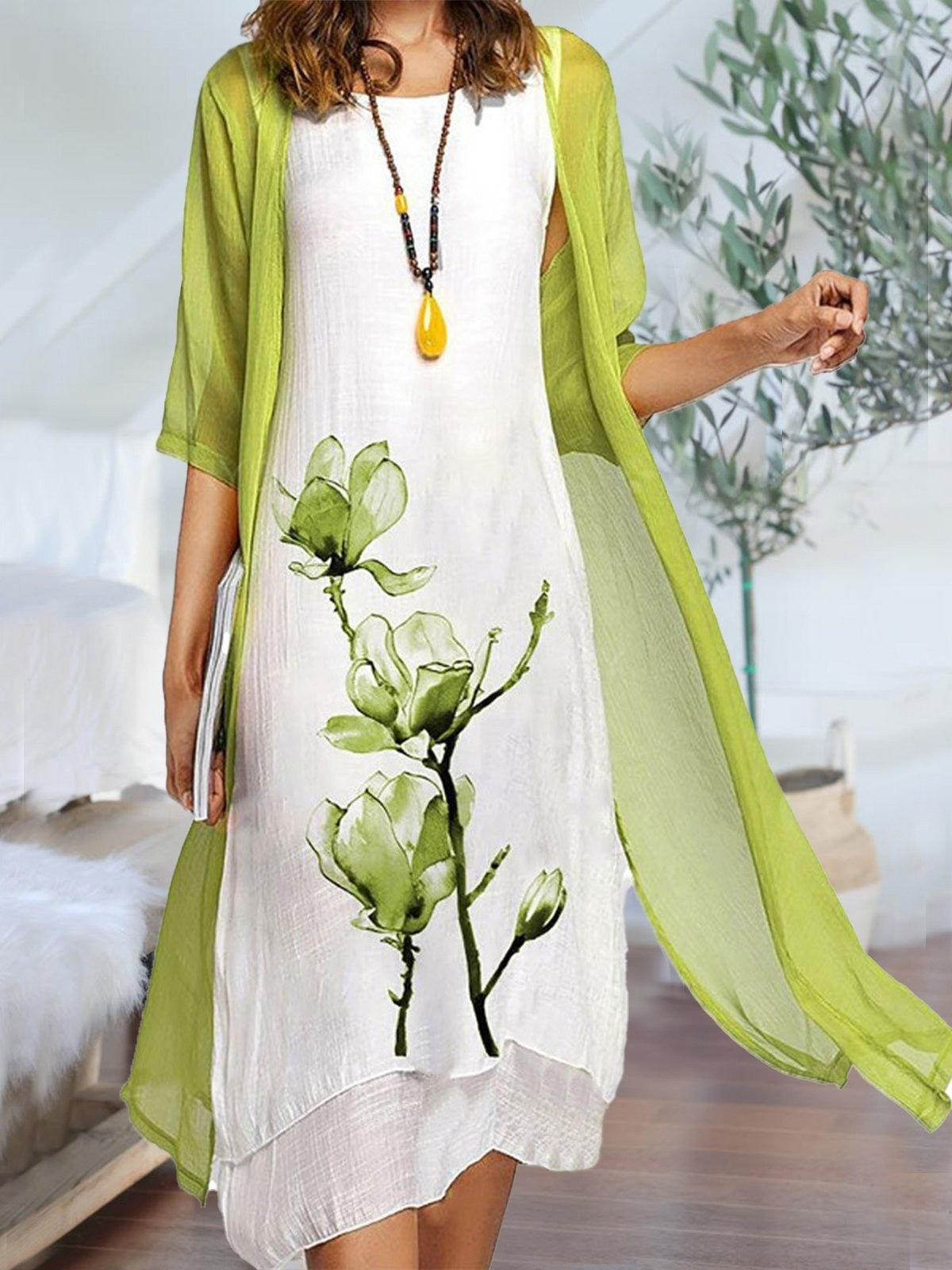 Women's Floral 2 Piece Dress Set with Lightweight Cardigan - VibreMode