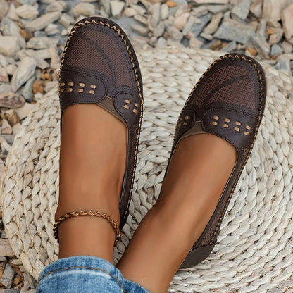 Women's Slip On Loafers Perforated Leather Round Toe
