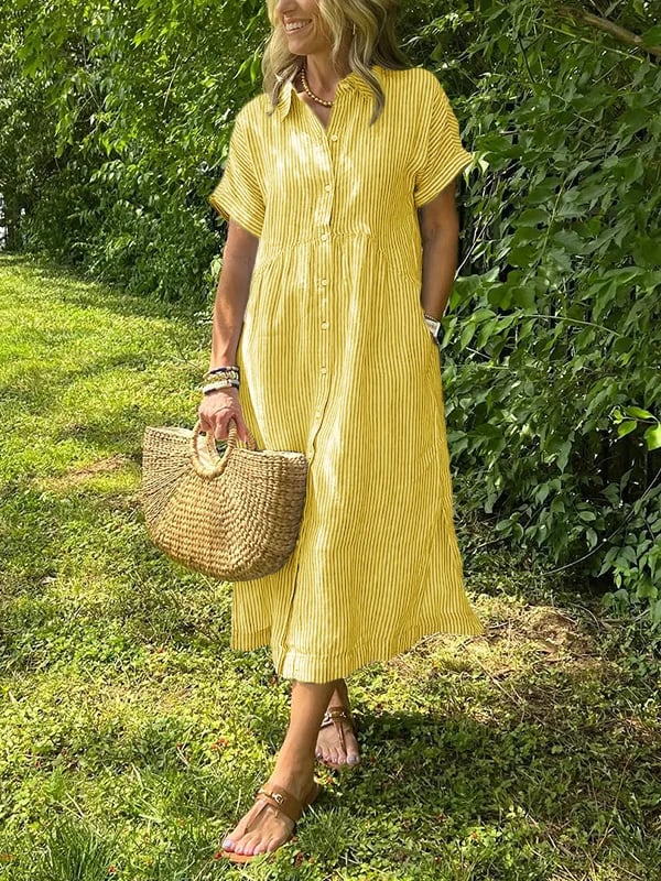 Women's Casual Midi Dress Short Sleeve Button Front
