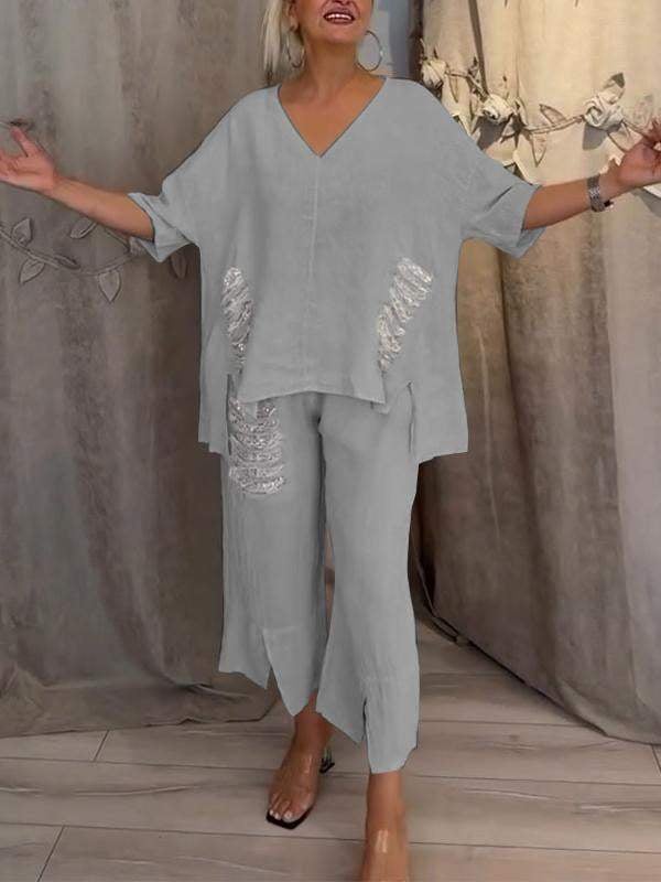 Relaxed Fit Women's 2 Piece V Neck Top and Pants