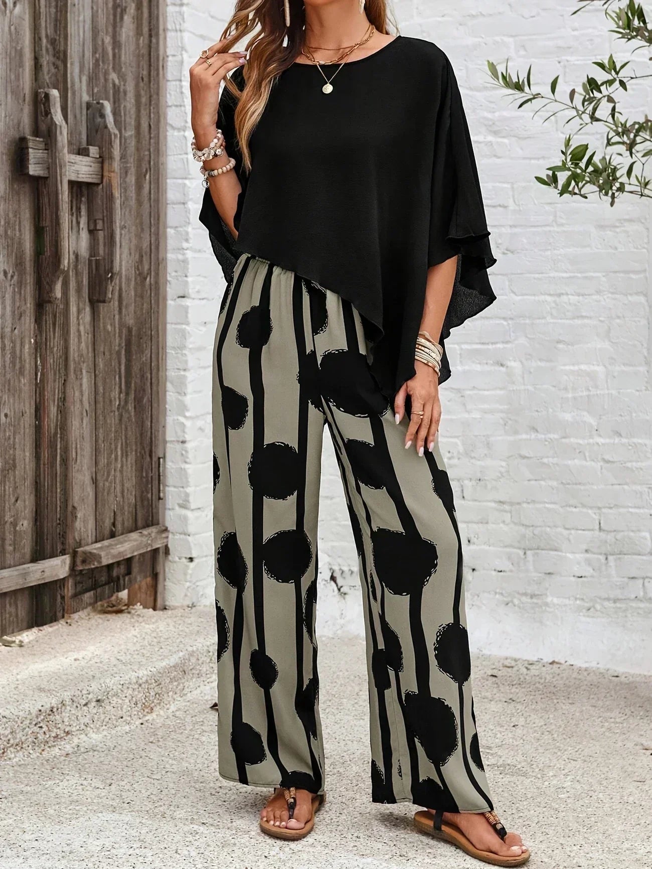 Casual 2 Piece Set Flowy Top and Wide Leg Pants