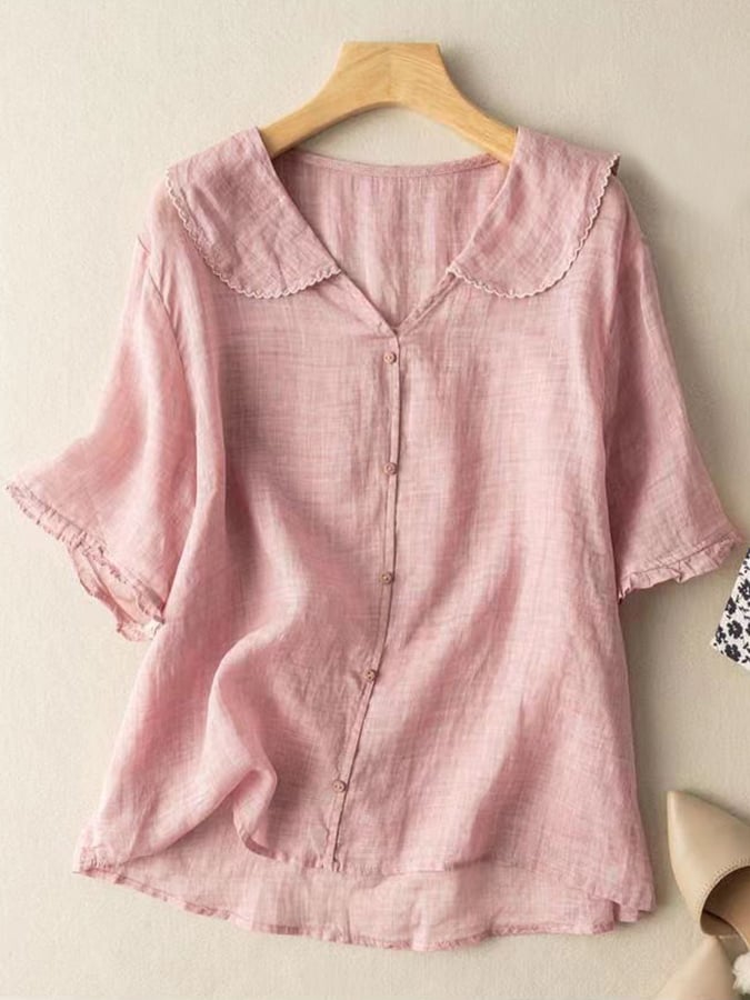 Women's Navy Cotton Linen Shirt Short Sleeve Doll Collar - VibreMode