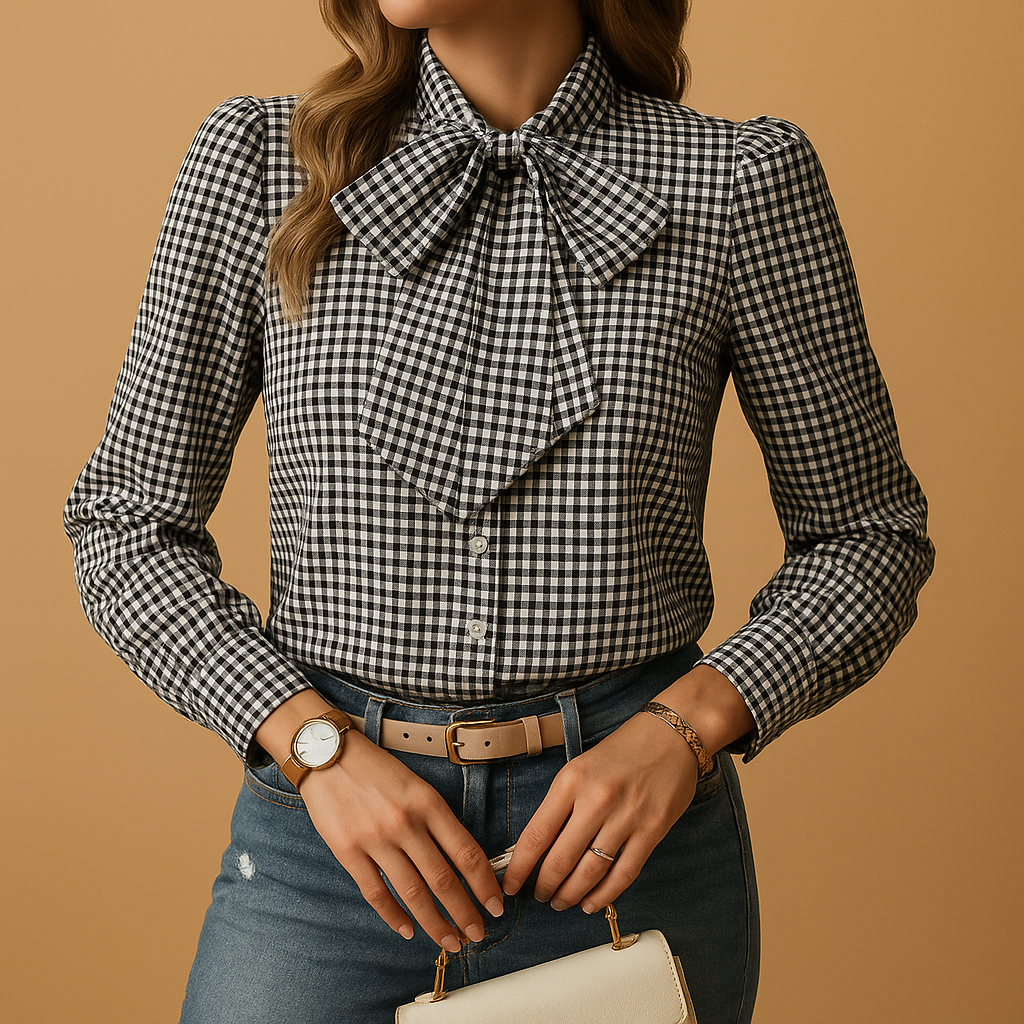 Women’s checked blouse with a bow detail and refined design, suitable for work, brunch, and casual everyday outfits.