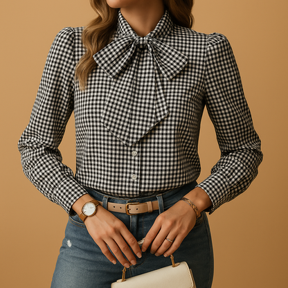 Women’s checked blouse with a bow detail and refined design, suitable for work, brunch, and casual everyday outfits.