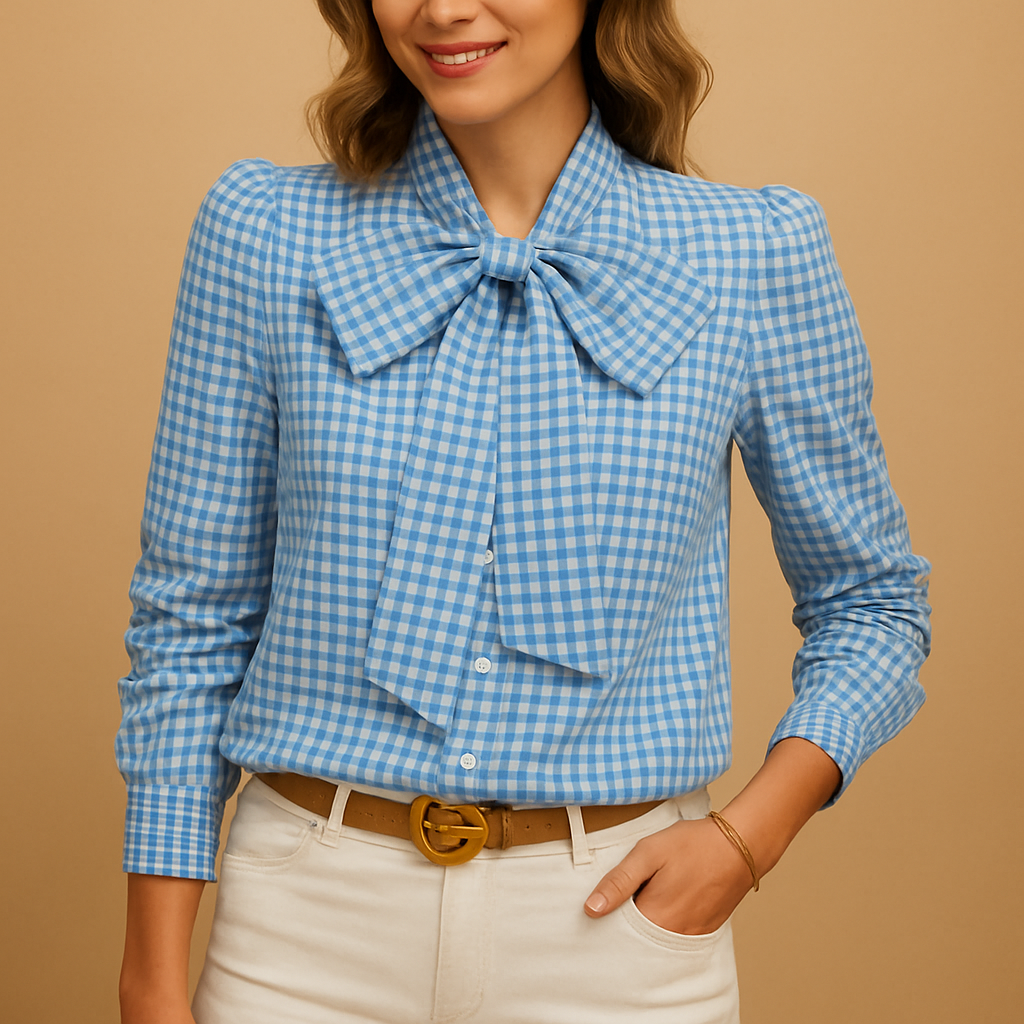 Women’s checked blouse with a bow detail and refined design, suitable for work, brunch, and casual everyday outfits.