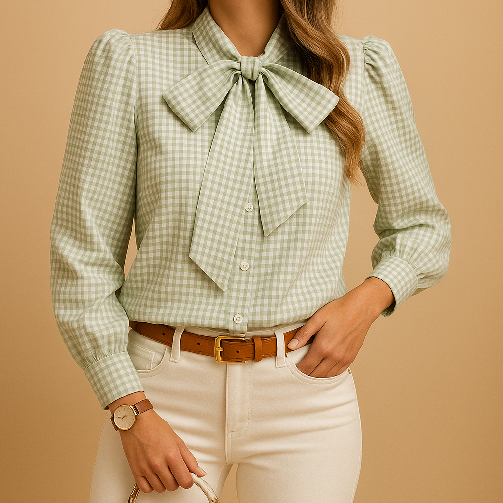 Women’s checked blouse with a bow detail and refined design, suitable for work, brunch, and casual everyday outfits.