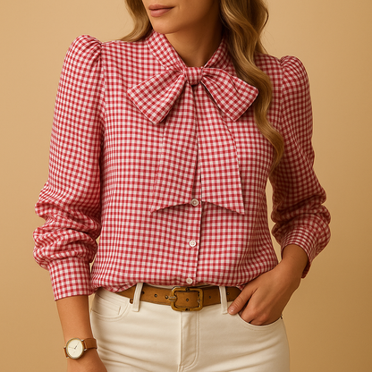 Women's Checked Blouse With Bow Detail - VibreMode