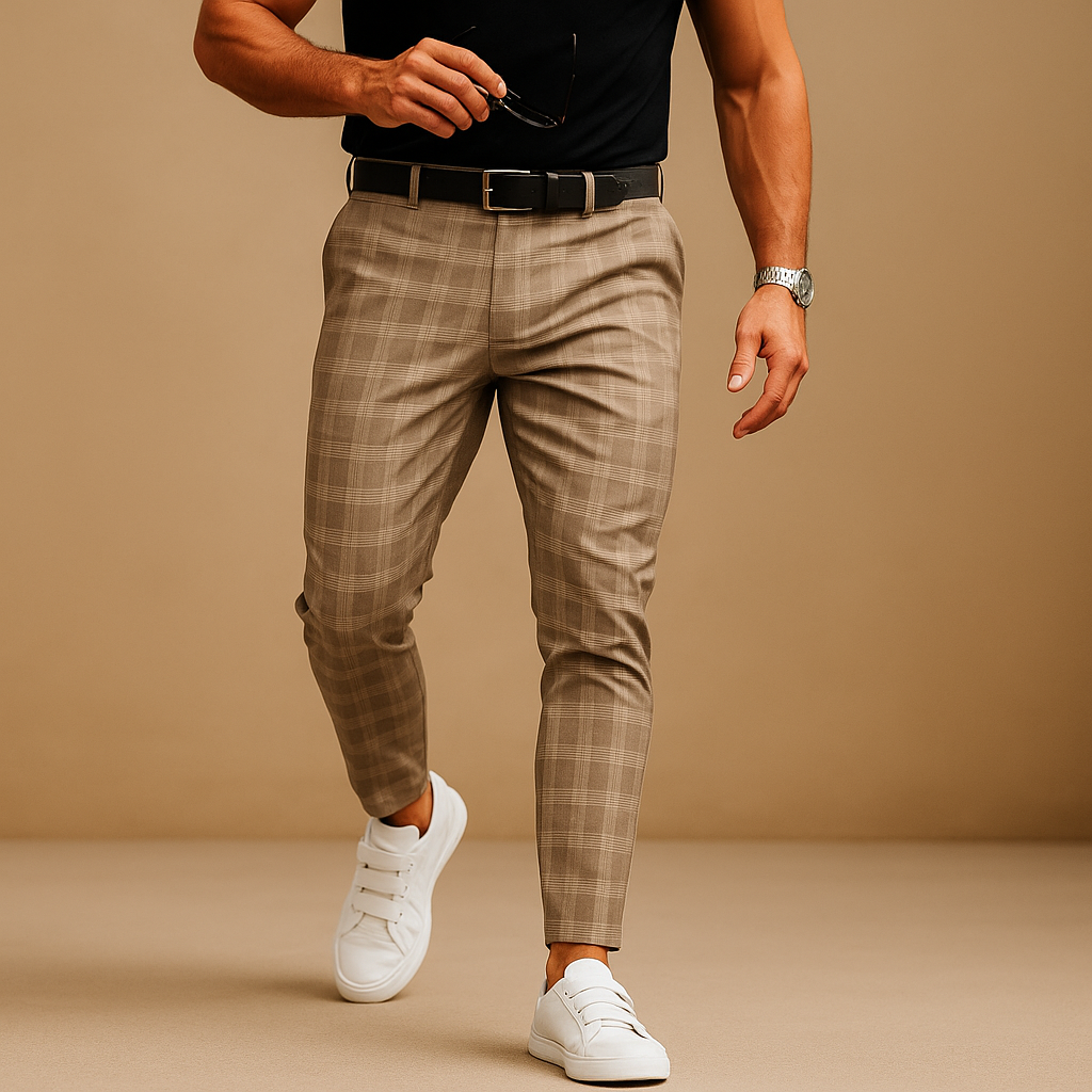 Men’s checked casual pants with relaxed fit and modern pattern, perfect for work, casual outings, and everyday wear.