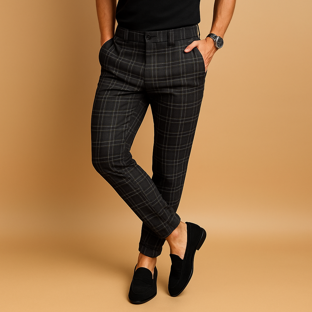 Men’s checked casual pants with relaxed fit and modern pattern, perfect for work, casual outings, and everyday wear.