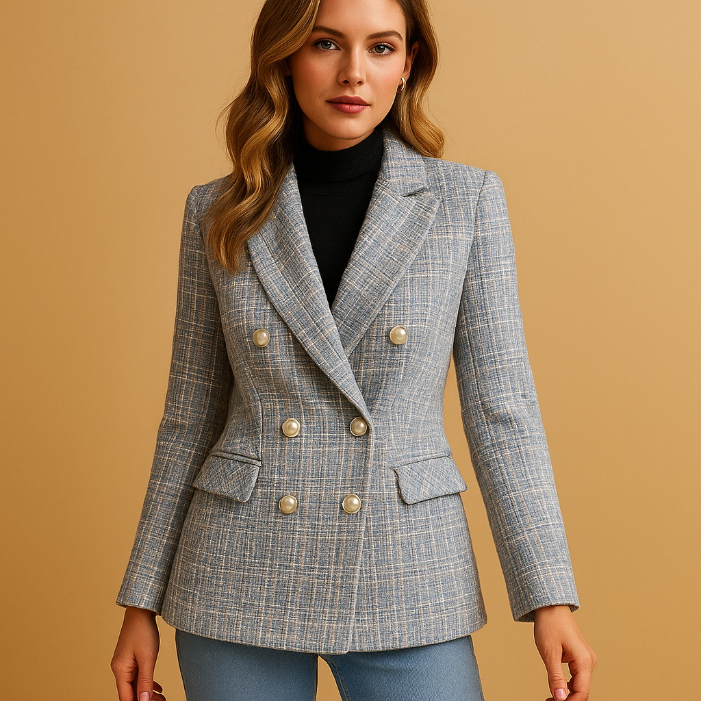 Women’s checked tailored blazer with a flattering fitted silhouette and luxury fabric blend, ideal for work, formal looks, or casual chic outfits.