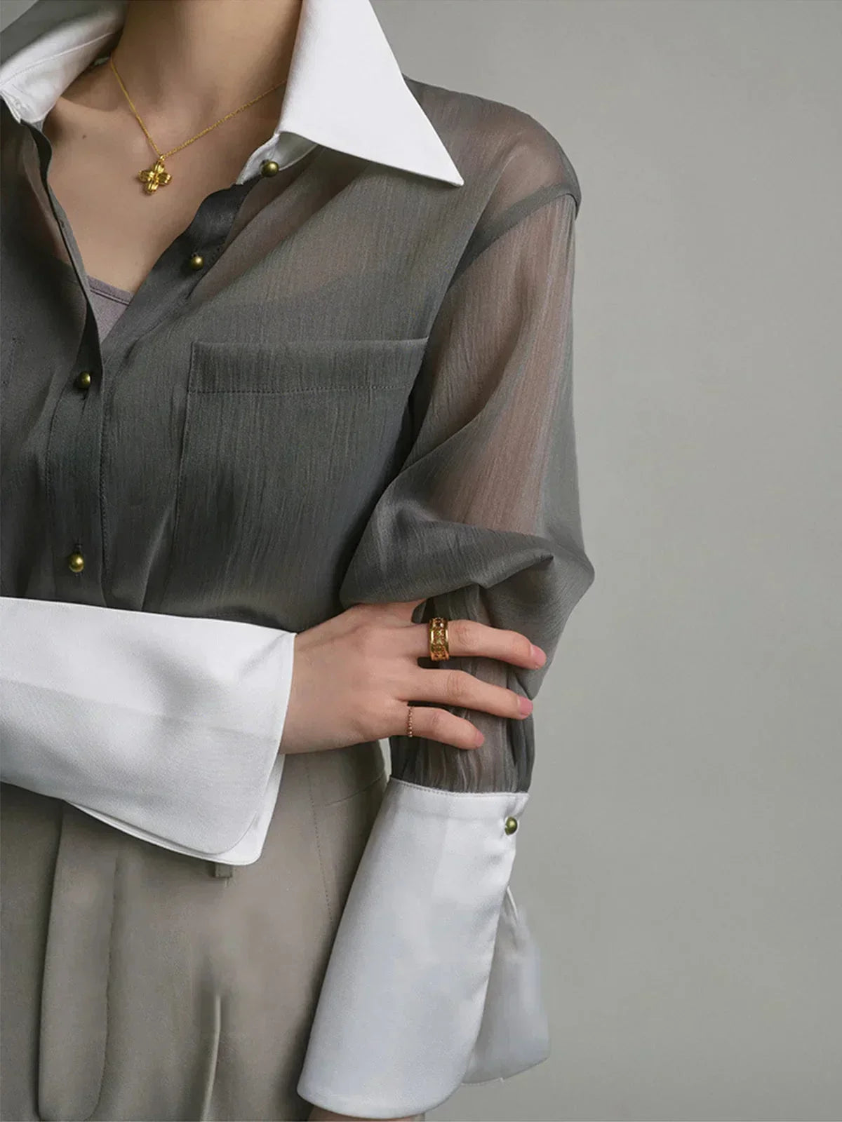 Women's Long Sleeve Sheer Blouse Contrast Cuffs