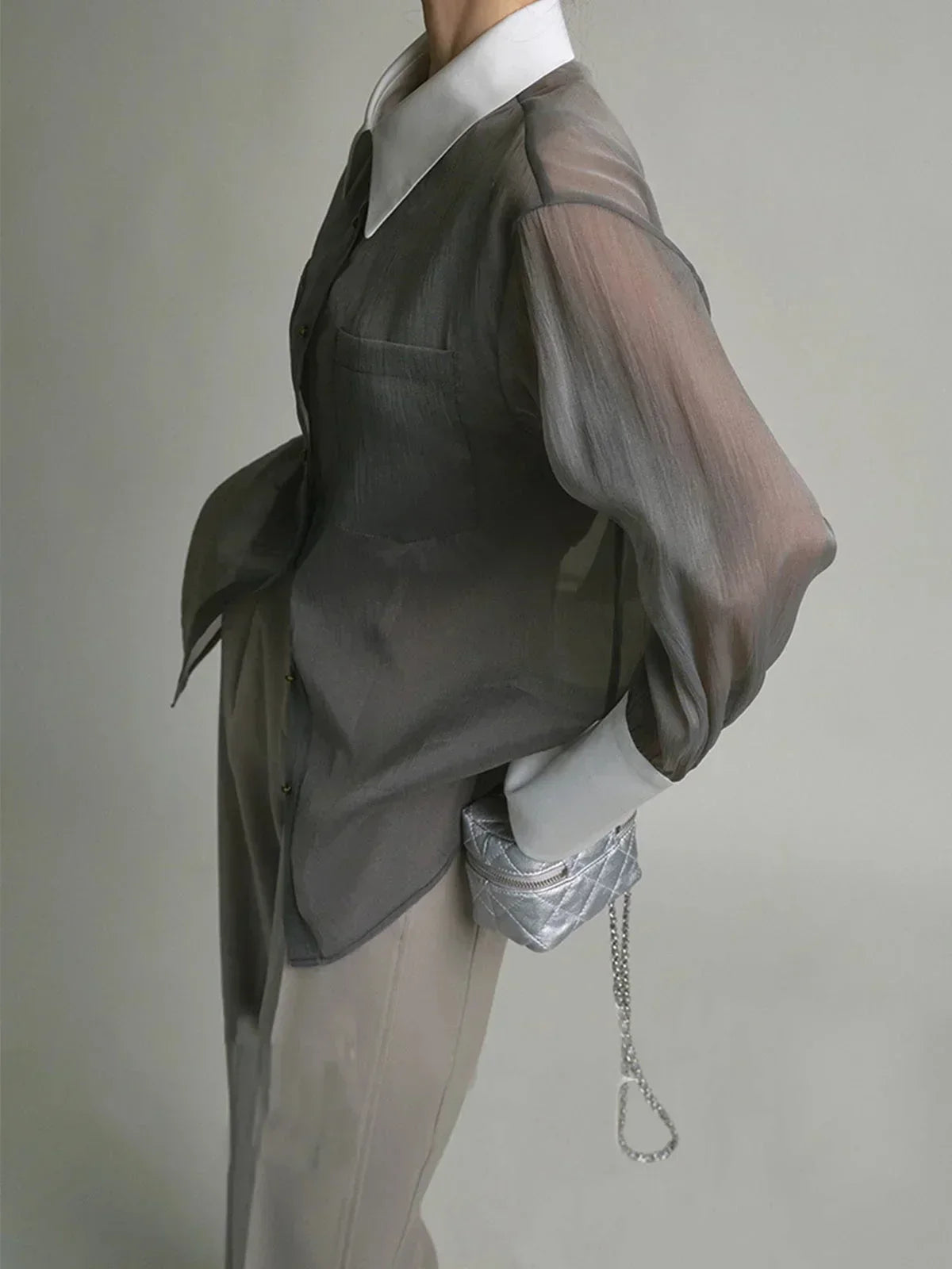 Women's Long Sleeve Sheer Blouse Contrast Cuffs
