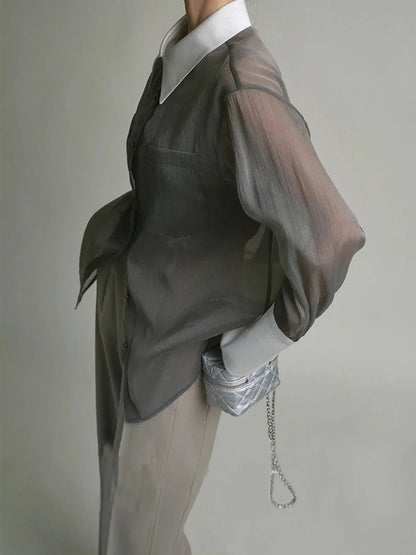 Women's Long Sleeve Sheer Blouse Contrast Cuffs