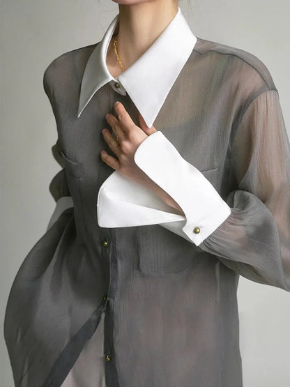 Women's Long Sleeve Sheer Blouse Contrast Cuffs