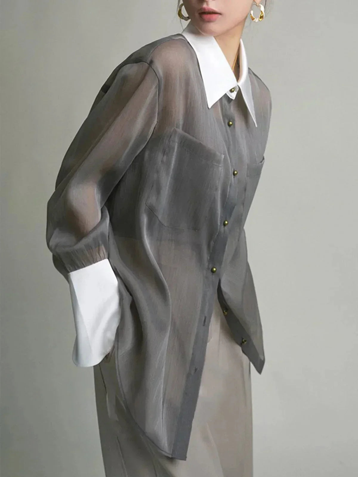 Women's Long Sleeve Sheer Blouse Contrast Cuffs - VibreMode