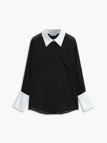 Women's Long Sleeve Sheer Blouse Contrast Cuffs