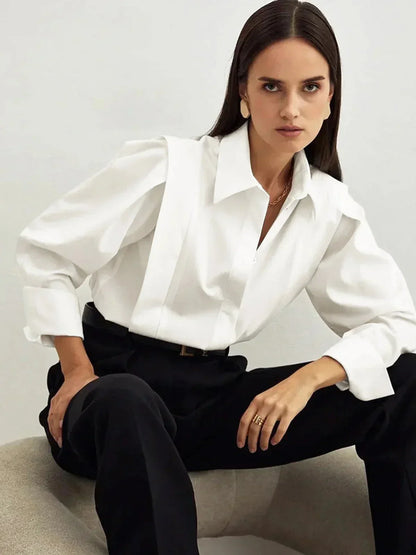 Women's Oversized V-Neck Shirt White - VibreMode