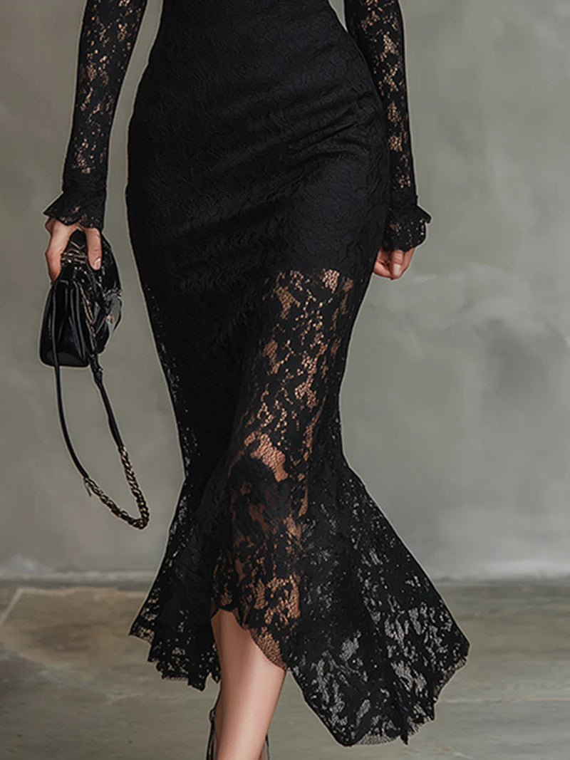 Image of Cheri | Women's Long Sleeve Lace Bodycon Midi Dress