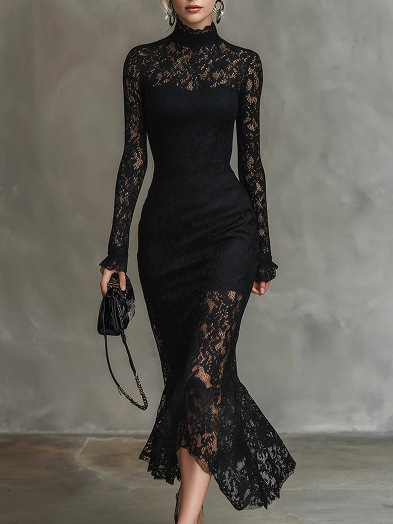 Women's Lace Bodycon Midi Dress Long Sleeve - VibreMode