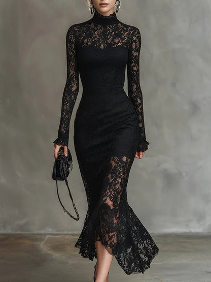 Women's Lace Bodycon Midi Dress Long Sleeve - VibreMode