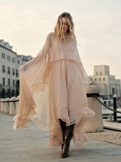 Women's Chiffon Maxi Dress Cape Sleeves - VibreMode