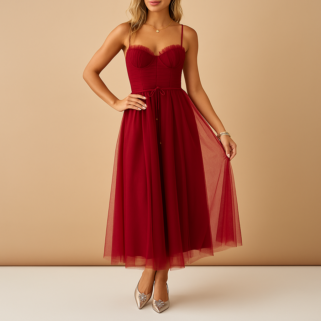 Women’s sleeveless chiffon maxi dress with tulle overlay and round neckline, perfect for weddings, evening parties and formal occasions.