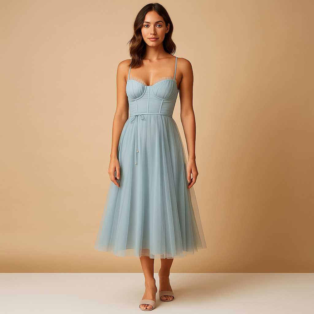Women’s sleeveless chiffon maxi dress with tulle overlay and round neckline, perfect for weddings, evening parties and formal occasions.
