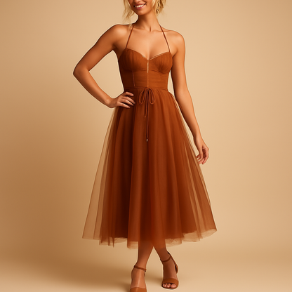 Women’s sleeveless chiffon maxi dress with tulle overlay and round neckline, perfect for weddings, evening parties and formal occasions.