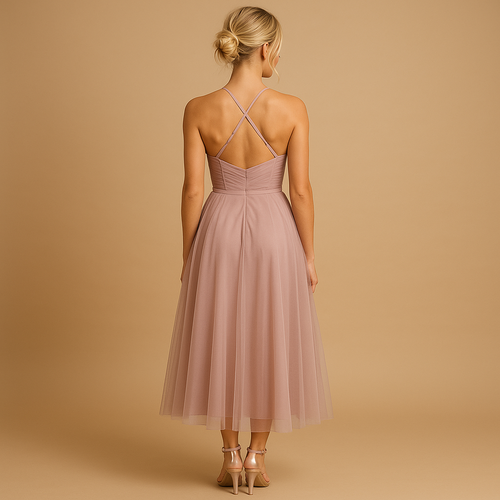 Women’s sleeveless chiffon maxi dress with tulle overlay and round neckline, perfect for weddings, evening parties and formal occasions.
