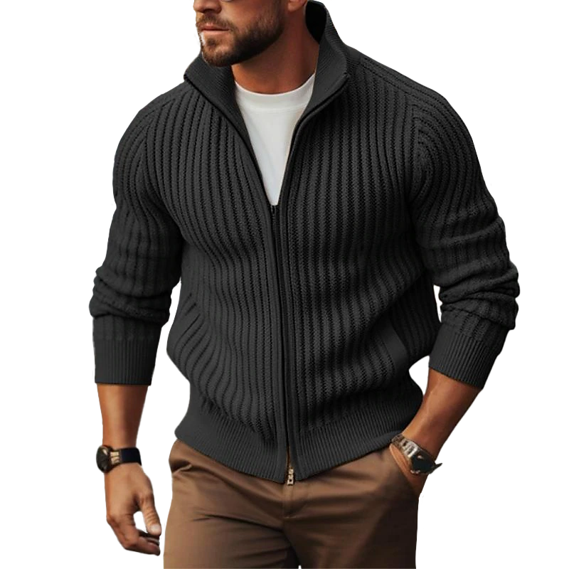 Men's Zip-Up Cardigan Ribbed Knit Stand Collar