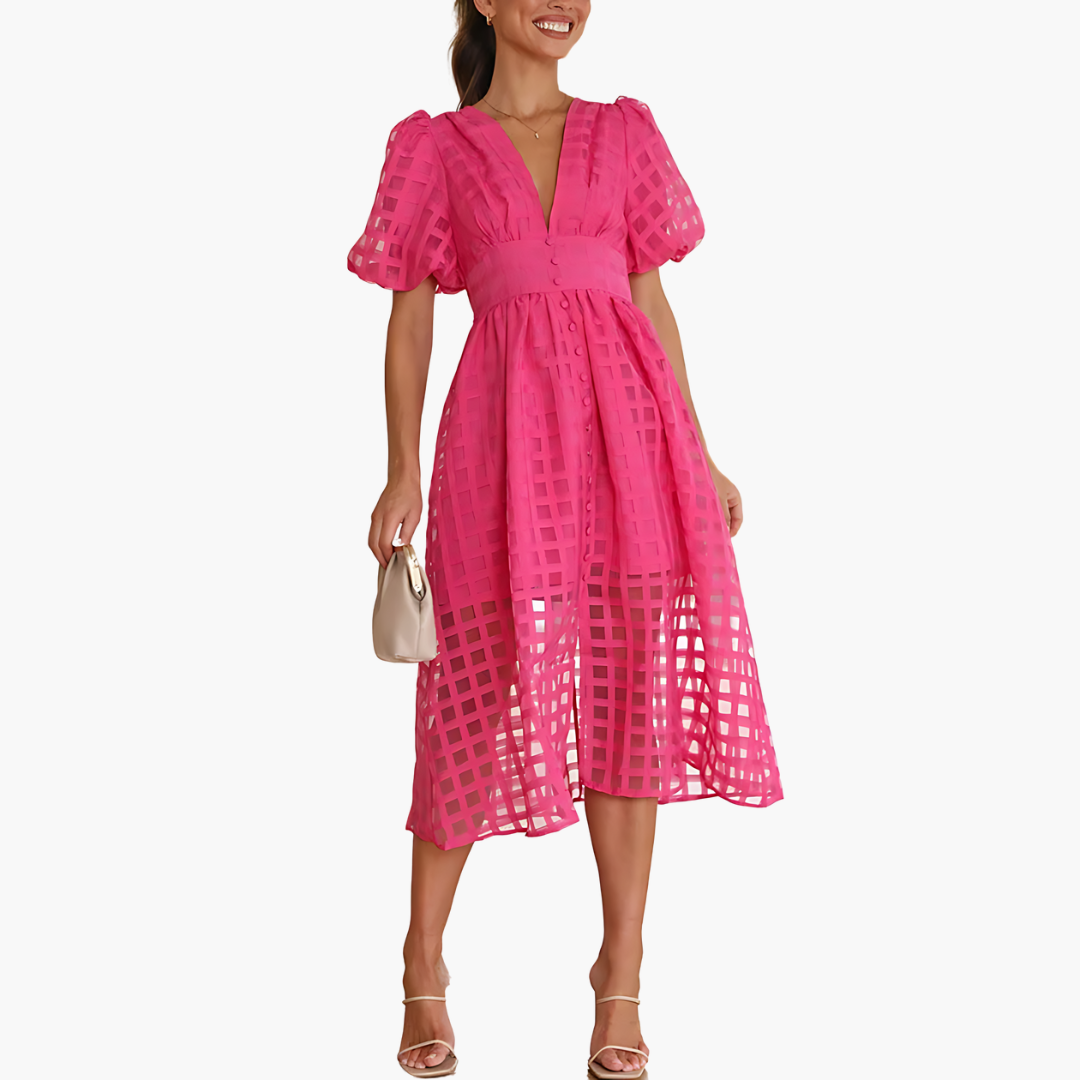 Women's A-Line Midi Dress Puff Sleeve - VibreMode