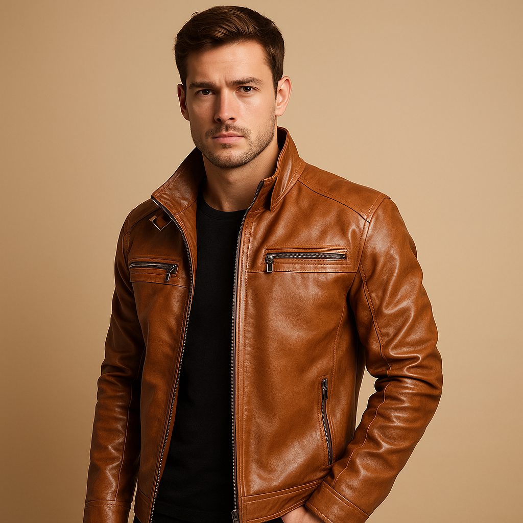 Men’s classic biker jacket with zipper details and shoulder accents, tailored fit, and comfortable lining for daily wear or motorcycle rides.