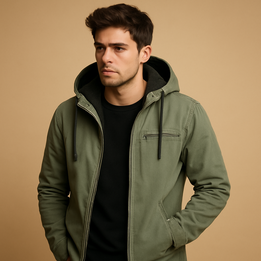Men’s classic hooded zip-up sweatshirt with a soft inner lining and relaxed fit, suitable for everyday wear and cool-weather activities.