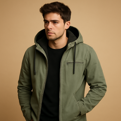 Men’s classic hooded zip-up sweatshirt with a soft inner lining and relaxed fit, suitable for everyday wear and cool-weather activities.