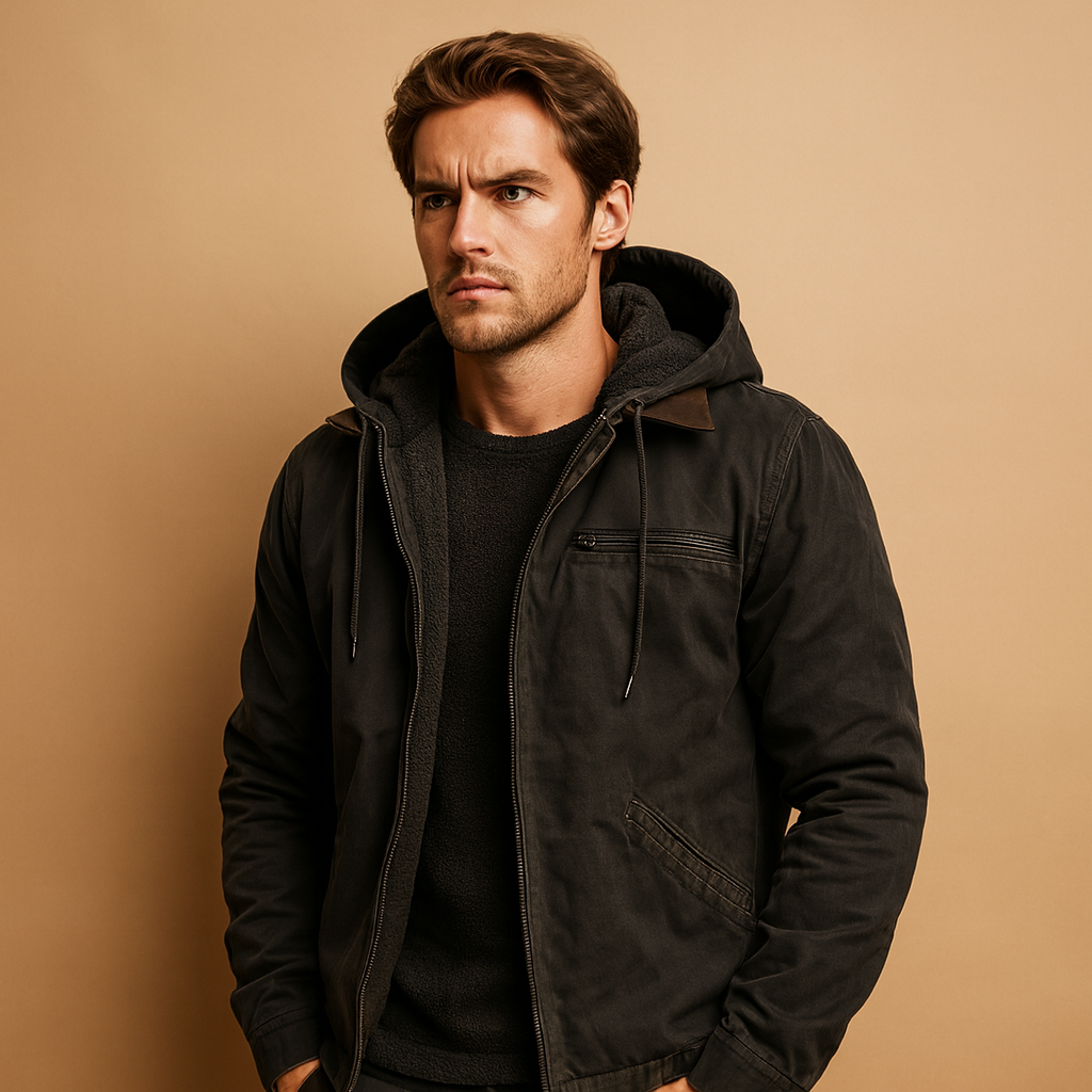 Men’s classic hooded zip-up sweatshirt with a soft inner lining and relaxed fit, suitable for everyday wear and cool-weather activities.